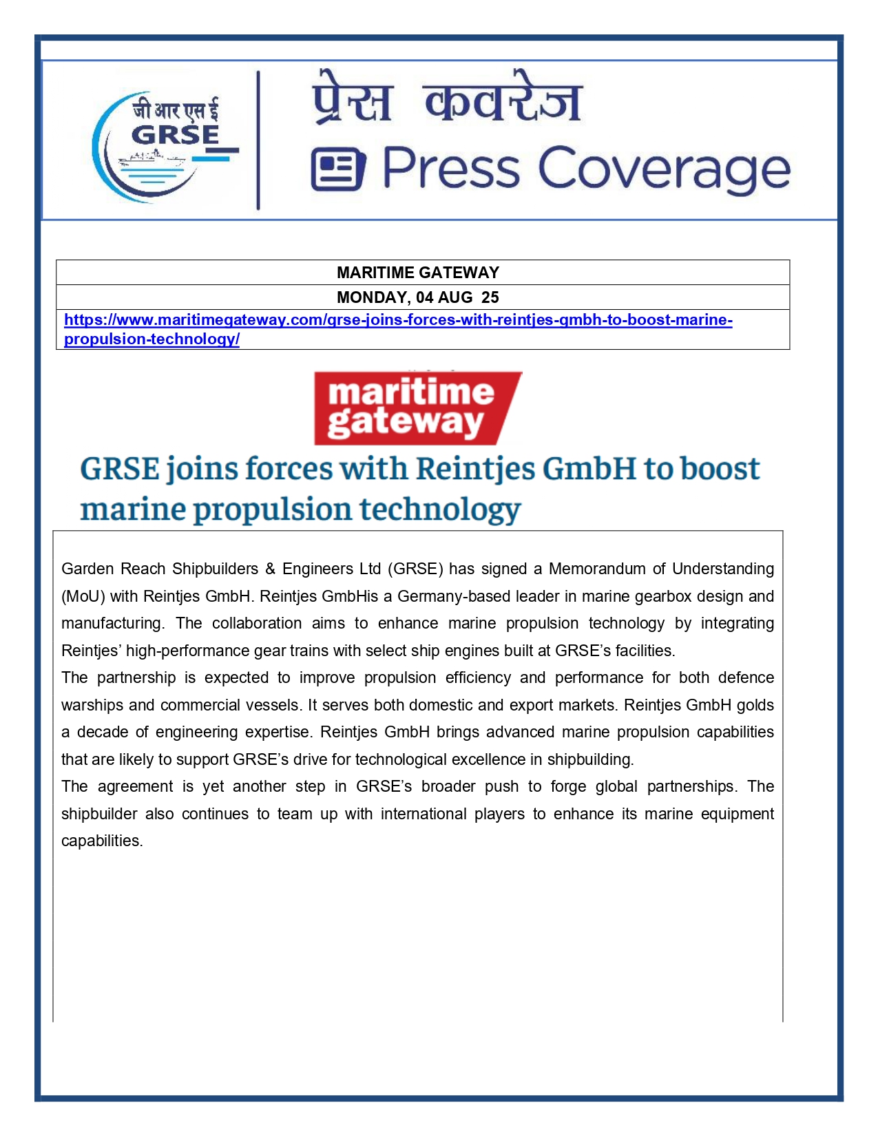 Press Coverage : 4 Aug 25:GRSE Signs MoU with Germany's Reintjes GmbH to Integrate High Quality Propulsion Gear Trains for Indian Navy Ships